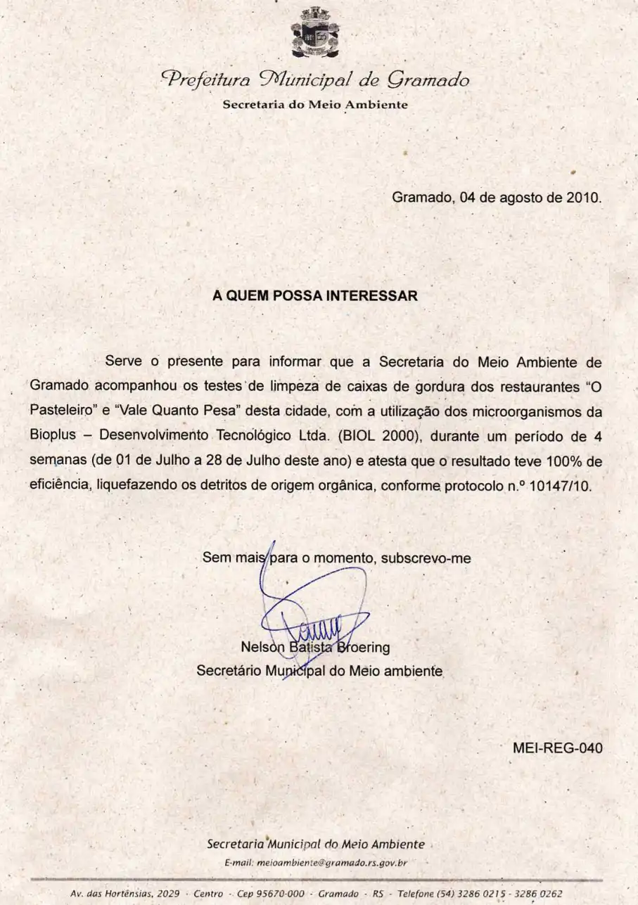 Carta oficial da Secretaria do Meio Ambiente de Gramado/RS atestando 100% de eficiência do Biol2000 na limpeza de caixas de gordura