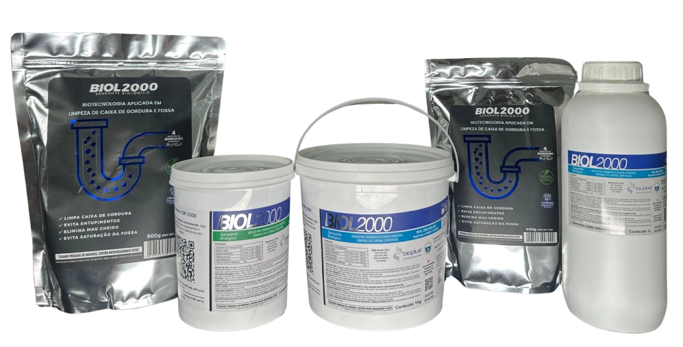 Linha completa Biol2000: sachê, balde de 1 kg, pote de 500 g e frasco líquido de 1 L